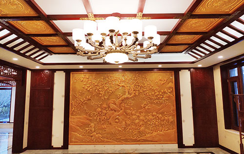 蔚县中式别墅客厅中式木作横梁吊顶装饰展示
