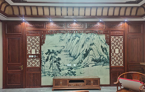 蔚县中式仿古别墅客厅背景墙花格木作装饰